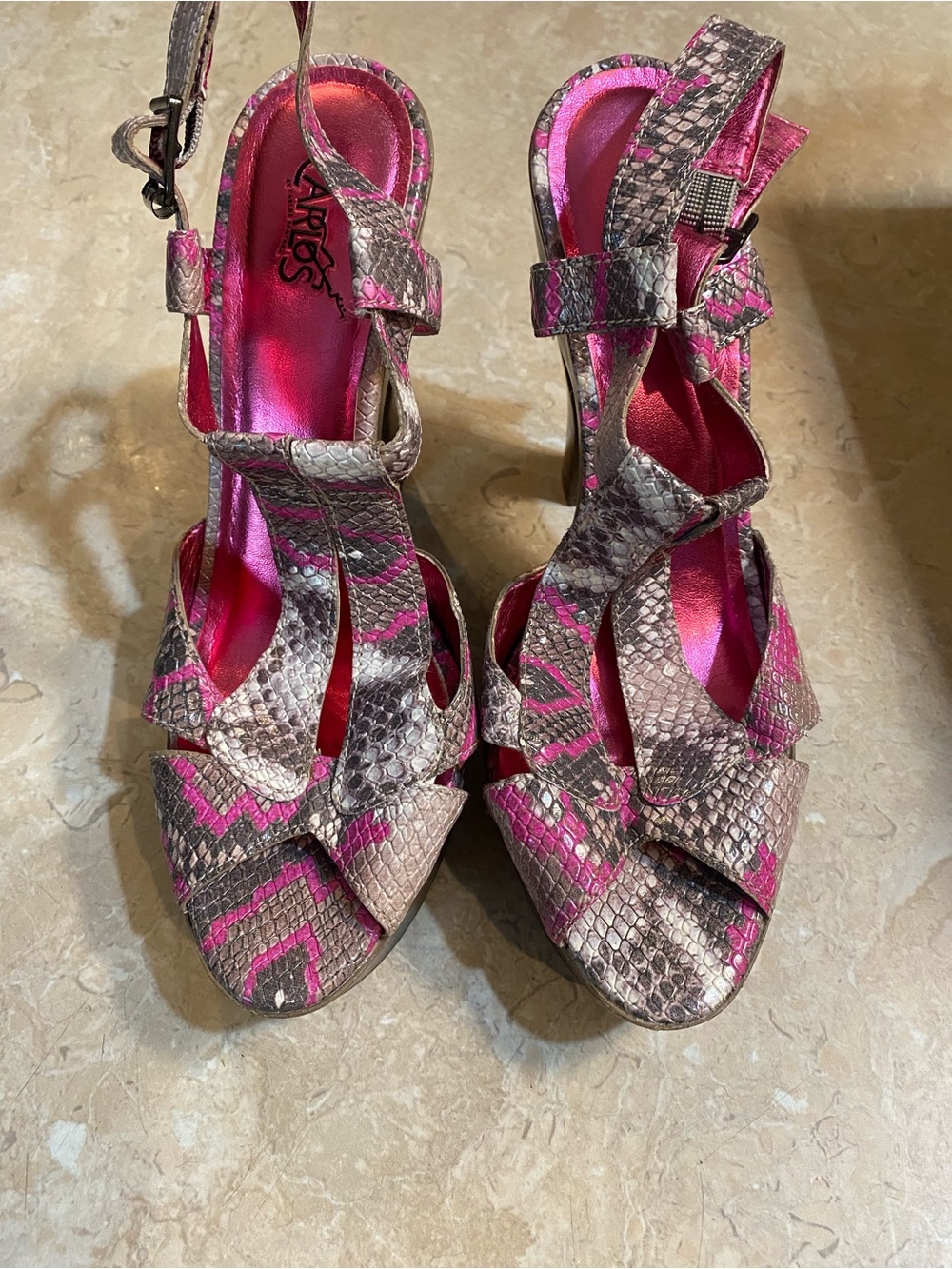 Carlos by Carlos Santana Metallic Pink Snake-Print Strappy Heels